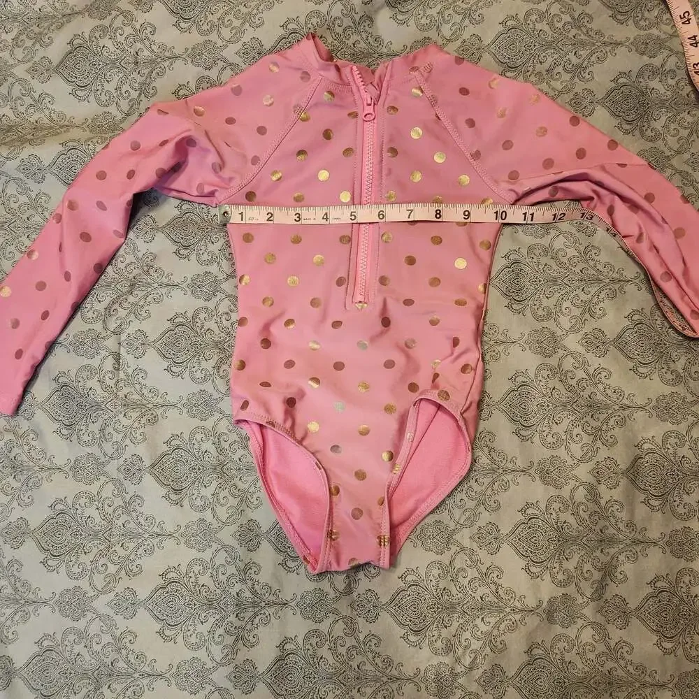 Girls Pink Gold Polka Dot Long Sleeve Zip-Up Rash Guard Swimsuit Size XS